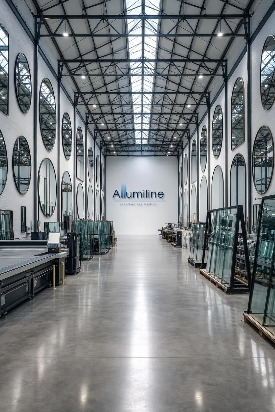 Galpão showroom da Allumiline com espelhos sob medida, maquinário e logo em letra caixa